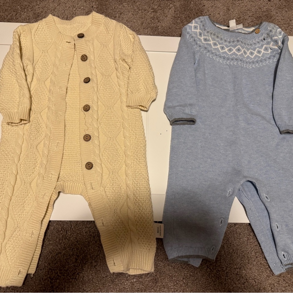 Cozy Knit Baby One Piece Set - Cream and Blue